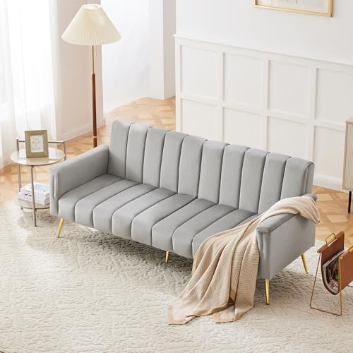 Gegtuon Couch Sofa 2 Sitzer Klappbares Schlafsofa mit Schlaffunktion und Rückenlehne, Schlafcouch Bettsofa Gästebett Loungesofa mit Armlehnen für Wohnzimmer Schlafzimmer Gästezimmer, Samt (Grau)