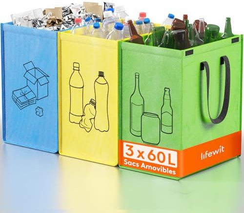 Lifewit Lot de 3 Sac Tri Selectif 60 L, Systèmes de Tri des Déchets, Poubelles Recyclage de 3 Couleurs pour Papiers, Carton, Plastiques, Verre, Bouteilles, Bac de Tri pour Cuisine, Exterieur
