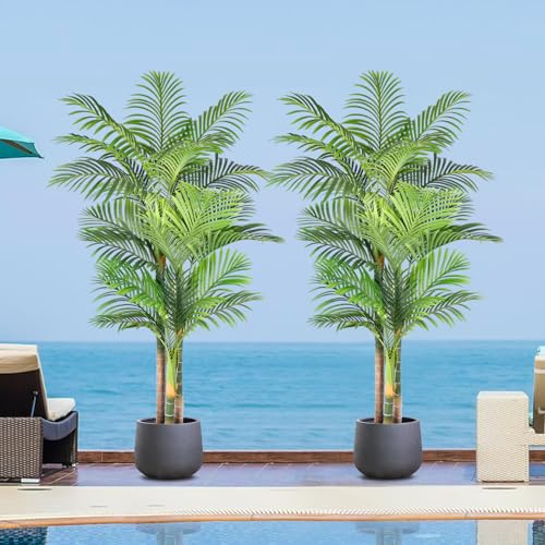 Keeplush 6ft Tall Triple Golden Cane Palm Artificial Tree 72inch Large Tropical Palm Tree UV Resistant Fake Plant in Pot for Indoor Outdoor Big House Living Room Outside Patio Office Home Decor 2Pack