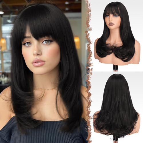 FESHFEN Lang Perücken mit Pony, Damen Natürlich Schwarz Perücke Synthetik Geschichtete Haar Natürlicher Look Kunsthaar Haarperücke Tägliche Party Cosplay Karneval für Frauen 45 cm