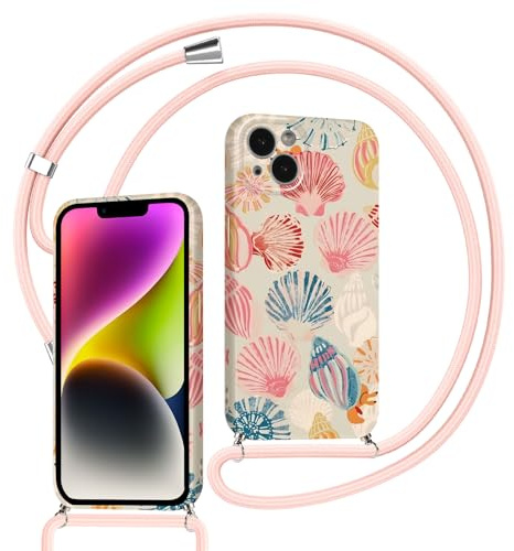 Saqmkil Coque avec Cordon pour iPhone 15 6,1, Aesthetic Coquille Motif Étui Filles Dessin Case avec Collier Laniere Tour de Cou Corde Réglable, Mince Silicone TPU Bumper Antichoc Housse Cover, Rose