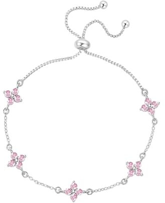 HEEYA Armband Damen Silber 925 Plattiert Armbänder mit 5A Pink Zirkonia Blumen Armkette Vierblättrige Blatt für Damen Verstellbar Armband Silber Bracelet Schmuck Geschenk mit Karte für Frauen Mädchen