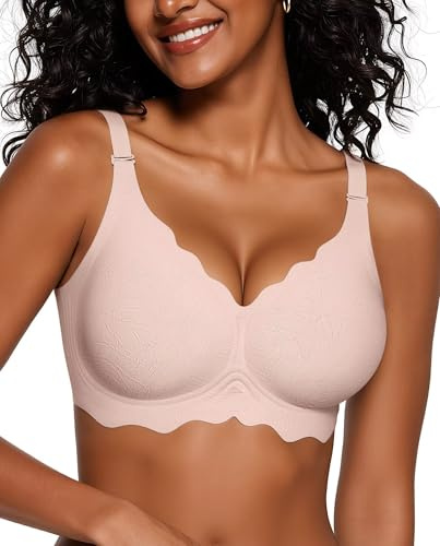 Vertvie Soutien-gorge sans couture pour femme sans armatures, soutien-gorge push-up sans fil, couverture complète, soutien-gorge de sport confortable au quotidien, Jacquard rose pâle, Taille M