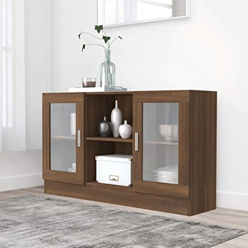 QJBSAVVA Vitrinenschrank Braun Eichen-Optik 120x30,5x70 cm Holzwerkstoff & Glas - Stilvoller Beistellschrank für Wohnzimmer, Küche oder Flur mit reichlich Stauraum und modernem Landhausstil