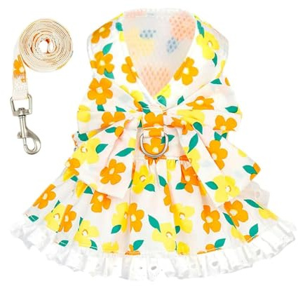 Hundemantel Outdoor 2 in 1 und Leine für kleine Hunde und Katzen, Sommer-Outfit mit Schleife für Welpen, Haustierkleidung aus Spitze Hündinnen Hundezubehör in Meiner Nähe (A, S)