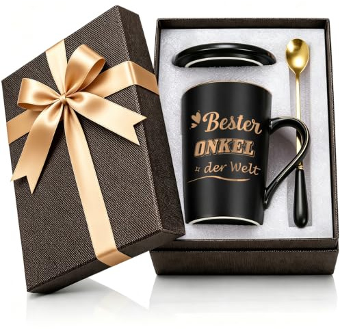 BeBeiZi Geschenk für besten Onkel – Bester Onkel der Welt Tasse | 400 ml Keramik Marmorbecher in Schwarz mit Deckel, Löffel & Geschenkbox | Geschenkidee zu Weihnachten