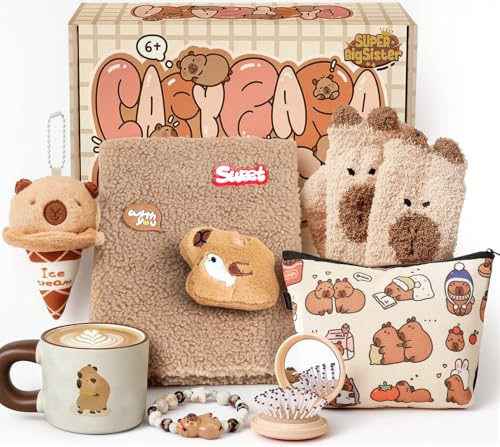 Mishopy Peluche Capibara Papelería Set, Carpincho Cuaderno Estuche Llaveros Tazas Capibara Estuche Juego de Juguetes Cumpleaños Navidad Regalos para Niñas Niño 8 9 10 11 12 Años