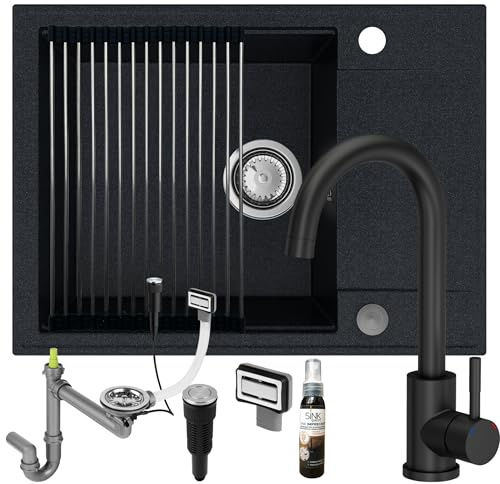 SINK QUALITY Spülbecken mit Armatur Set schwarz mit weißen Flecken 62x46 - Spüle mit wasserhahn, Siphon PUSH, Abtropfgestell, Imprägniermittel - Küchenspüle Komplettset für 55er Unterschrank