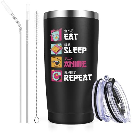 Livole Lustige Thermo-Tasse für Männer, Anime-Fan, Eat Sleep Anime Repeat, Geschenkidee für Männer und Weihnachten, 600ml