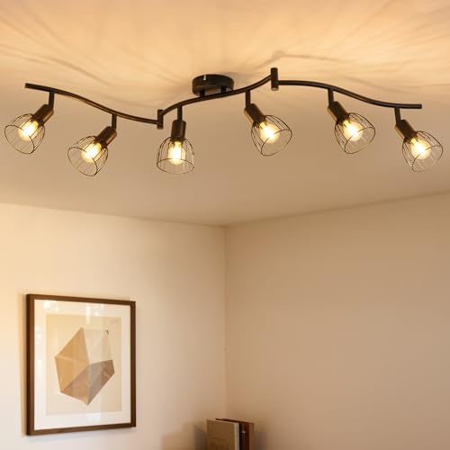 Leselux Deckenstrahler 6 Flammig Schwarz, E14 Deckenlampe Spot Schwenkbar | Metall Deckenspots Schwenkbar 350°, Industrial Deckenleuchte Strahler für Küche Wohnzimmer Schlafzimmer, Ohne Leuchtmitte