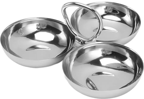 Syglawnd Fruit Plate, Stainless Steel Snack Bowls, 3 in 1 Serving Plates with Handle, Divided Condiment Bowls for Fruit Dessert Appetizer and More