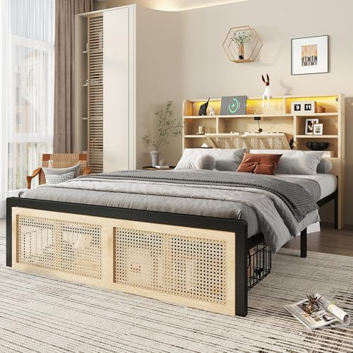 BTM Wooden Double Bed with Charging Port, LED Strip Light and PE Rattan Style Drawers, Double Bed Frame with Storage Headboard, MDF+Iron, 135x190cm, No Mattress