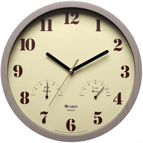 Outdoor-Uhr wasserdicht mit Thermometer, geräuschlos, nicht tickend, analoge Gartenuhr, Vintage-Garten-Wanduhren mit Thermometer, Hygrometer (gelb)