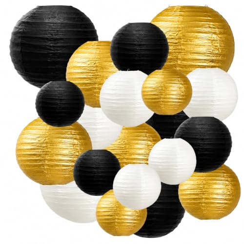 Forhandy 20pcs Papier Lampions Schwarz Gold Weiß (Ø 15/20/25/30cm) | Runde Papierlaterne Gartenparty Wiederverwendbar Lampions Outdoor Hänge Papier Lampion für Silvester Abschlussfeier Hochzei