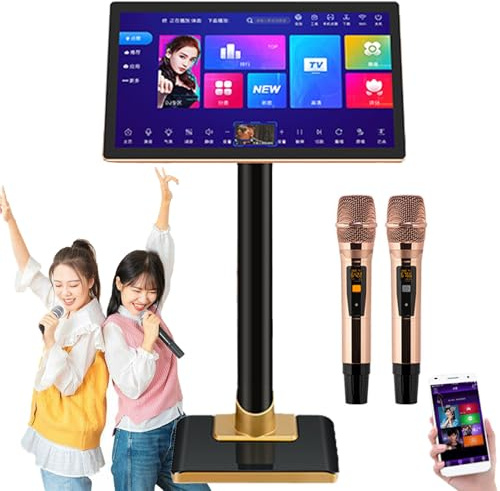 Macchina per karaoke con touch screen da 21,5 pollici, 2 microfoni wireless, supporta app telefoniche, assistente vocale, 1,1 milioni di brani da scaricare in cloud per casa e bar
