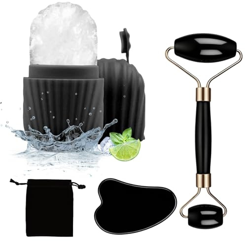 4 Stück Ice Roller Gesicht Gua Sha and Face Jade Roller Set | Eis Gesichtsroller Silikon Wiederverwendbares für Anti-Aging Falten Straffen Dunkle Ringe Pore Verkleinern