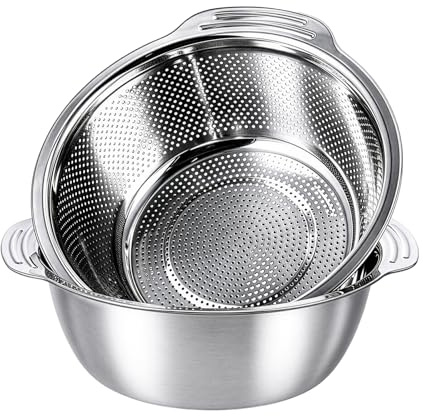 M.J COMFY-LIFE 2-in-1 Washing Up Bowl & Strainer Bowl, Stainless Steel Dish Tub with Colander, for Washing Rice and Draining, Vegetable and Fruit Food Preparation (Round)
