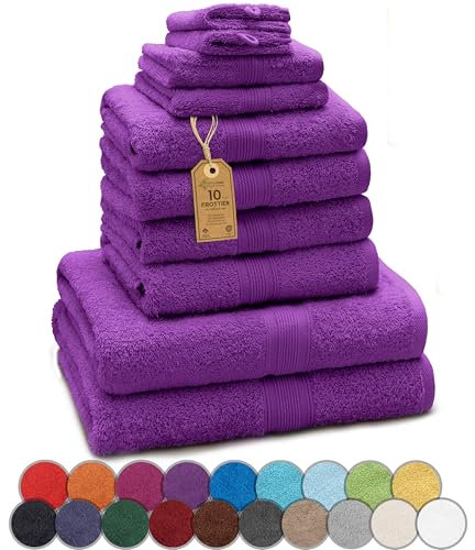GREEN MARK Textilien 10 TLG. FROTTIER Handtuch-Set mit verschiedenen Größen 4X Handtücher, 2X Duschtücher, 2X Gästetücher, 2X Waschhandschuhe | Farbe: Lila | Premium Qualität