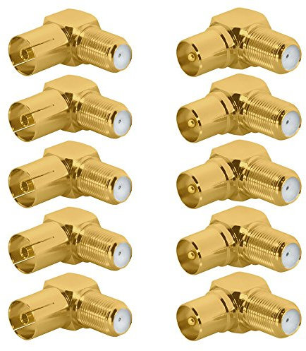 ARLI 10x TV Winkeladapter vergoldet – 5X IEC Stecker + 5 IEC Buchse 9,5 mm auf F-Kupplung | 90° Koax Antennenadapter Set für SAT DVB-T2 DVB-C2
