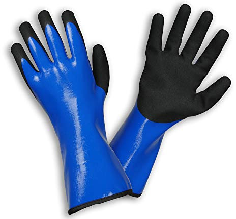 ROSTAING Gants LIQUIDO - Paire de Gants de Travail 100% Etanche - Pour les Travaux de Maçonnerie, Sablage, Façade - Gants de protection mi-long bleu et noir - Utile pour la manipulation de ciment