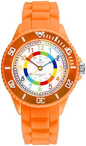 Alienwork Kids Lernuhr Kinderuhr Mädchen Uhrzeit Lernen Orange Silikon-Armband Mehrfarbig Kinder-Uhr Wasserdicht 5 ATM Zeit Lernen