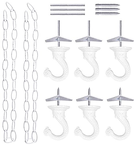Mardatt 6 Sets White Ceiling Hanging Hook with Chains Swag Hook Kit, 1.5 Inch Swag Hooks with Hardware and 36 Inch Extension Chains for Hanging Plants Lanterns Baskets Indoor or Outdoor