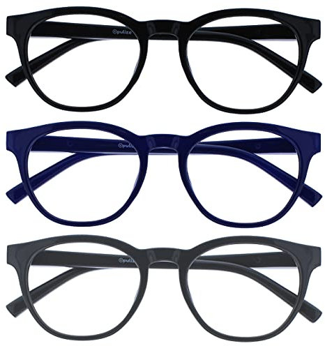 OPULIZE Blu Gafas con Bloqueo de Luz Azul Pack de 3 Montura Redonda Negra Gris Azul Bisagras de Muelle Mejoran el Sueño Ordenador Gaming Antirreflejante Hombre Mujer BBB5-137 +0.00