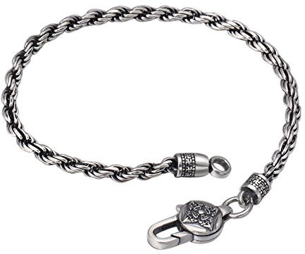 Bracciale a catena corda intrecciata in argento sterling 925 vintage nero con chiusura Vajra Dorje per uomo donna 3mm 18 cm