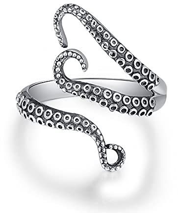 Octopus Ring 925 Sterling Silber Splitter Einstellbarer Öffnungsring Retro Tentakel Schwarz Vintage für Männer Frauen