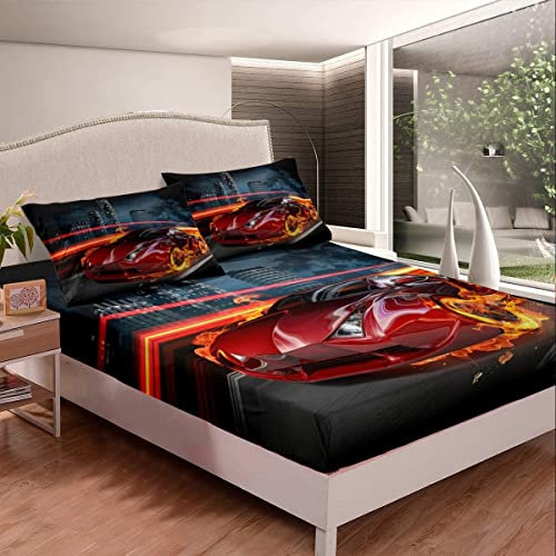 Loussiesd Auto Spannbettlaken 90x200cm 3D rot Sports Auto Bettlaken Set Speed Rennen Auto für Kinder Jungs Cool Automobile Stil Spannbetttuch Schlafzimmer Sammlung 2St