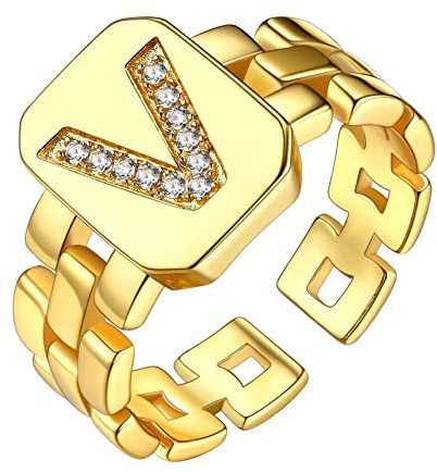 Bestyle Verstellbarer Ring Damen Offener Ring A-Z 26 Buchstaben Ring Mädchen Mit Steine Buchstaben Ring Gold Kupfer V