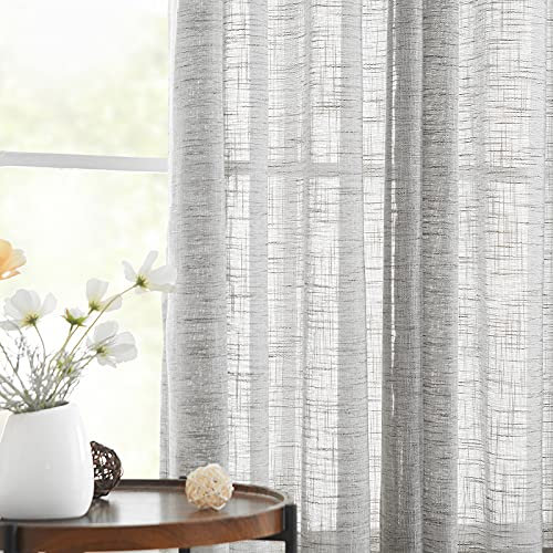 Treatmentex Leinen Gardinen mit Ösen 136cm Breite Slub-Textur Halbtransparent Ösenvorhang Gardinen Grau Leinenoptik Lichtdurchlässig Vorhänge für Schlafzimmer Bauernhaus Wohnzimmer-2 Stücke,136x180CM