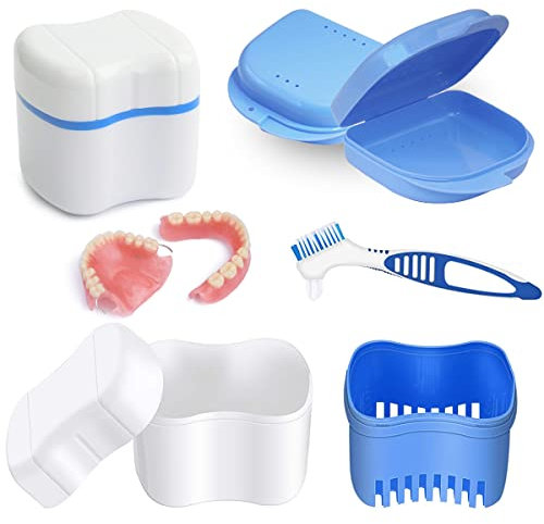 HONGECB Boîte De Dentiers, Nettoyage De Dentiers Boîtes, Étui De Bain De Prothèses avec Brosse, Kit De Nettoyage pour Prothèses, Boîtes Dentier + Brosses De Nettoyage pour Dentier, Bleu