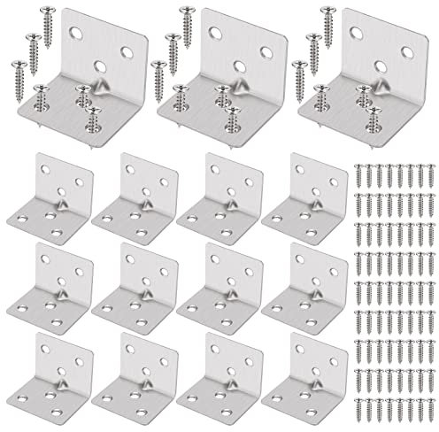Hejo Winkelverbinder Set (30 x 30 x 38 x1,5mm), 15 Stück Edelstahl Winkel 90 Grad L Klammern Eckwinkel mit 90 Stück Schrauben, 6 Loch Metallwinkel für Möbel, Wandbefestigung Anbau
