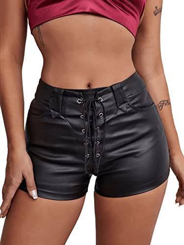 GORGLITTER Damen Stretch Shorts Kurze Hose PU Lederoptik Kunstlederhose Nachtclub Hosen mit Öse und Kordelzug Schwarz S