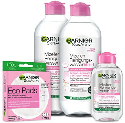 Garnier Gesichtsreinigungsset mit Mizellenwasser, Mini-Mizellenwasser und Eco Pads, Für eine sanfte Reinigung und schonendes Abschminken, SkinActive, 4-teilig