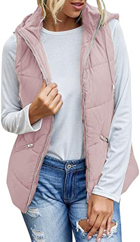 ORANDESIGNE Gilet da Donna con Cappuccio in Piumino Giubbino Smanicato Gilet Imbottito Zip con Cappuccio Giacca Senza Maniche Caldo Elegante Casual Primaverile Invernale A Rosa XXL