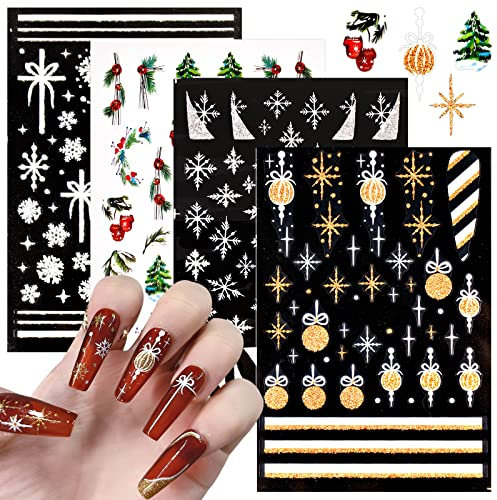 16 Blatt Weihnachten Nagelsticker Selbstklebend Nagelaufkleber Selbstklebend Glitzer Weiß Bunt Schneeflocken French Spitze DIY Nagelkunst Nails Deko