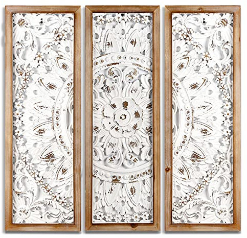 SHOXREM Large Carved Wood Sculpture Panels Set, Antique Wooden Panels Wall Art Décor for Farmhouse Luxury House.Style C