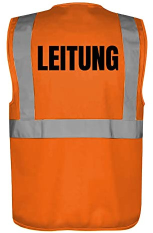 Fassbender-Druck WARNWESTEN - Sicherheitsweste ORANGE mit Taschen und Reißverschluss nach EN ISO 20471 zertifiziert - Warn Weste für LEITUNG - Unisex mit hochwertigem Reflektorstreifen