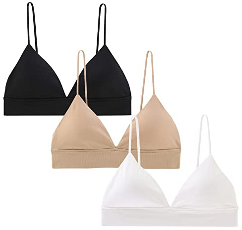 INIBUD Bralette for Women Triangle Cups Removable Padded Wire Free Pull On Closure (as1, Alpha, s, Regular, Regular, 3 Pack Black&White&Wheat)