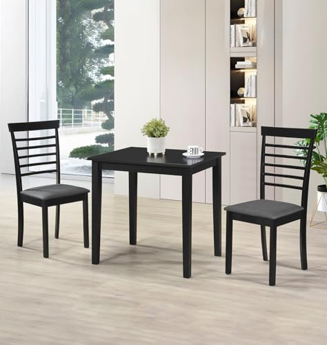 Hallowood Furniture Ledbury Small Dining Table and Chairs Set for 2, Wooden Space Saving Table and Chairs in Light Grey Fabric, Ladder Back and Black Finish for Kitchen or Dining Room Set