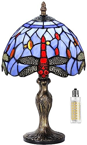 MIAOKE Tiffany Style Tischlampe, VintageTischlampe Handcraft Glasmalerei Lampenschirm Tischlampen für Schlafzimmer Nachttischlampe Arbeitszimmer Office (Blaue Libelle)