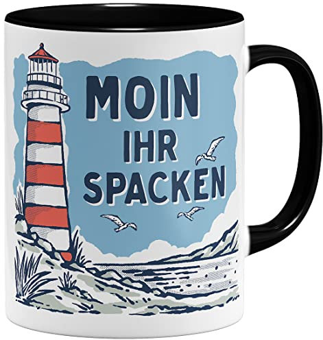 OM3® lustige Kaffee-Tasse mit Spruch - Moin Ihr Spacken - Slogan Leuchtturm Meer Küste - Keramik Becher - 11oz 325ml - Beidseitig Bedruckt - Schwarz
