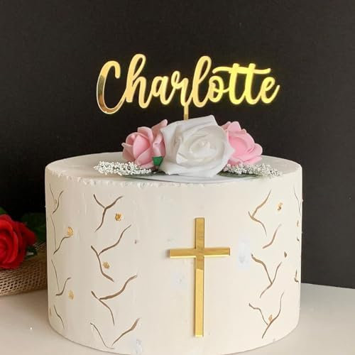 Personalisierte Tortendekoration Tortenstecker mit Name und Kreuz Taufe Kommunion Party Cake Topper Tortenaufsatz Babytaufe Junge Mädchen Erstkommunion Taufname Christening Konfirmation Kuchen Topper