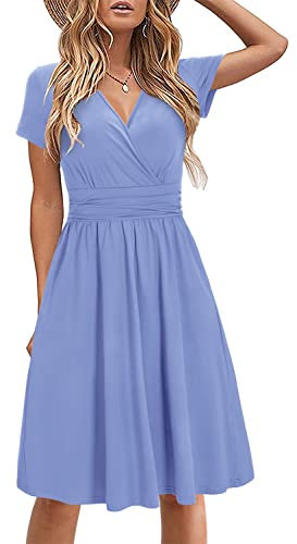 STYLEWORD Damen Sommerkleid Kurzarm V-Ausschnitt Kleider Einfarbig Kleid Strandkleid Mit Taschen(Light Purple,XX-Groß)