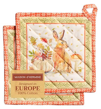 Maison d' Hermine Hot Pads Lot de 2 supports de casseroles de Pâques 100 % coton avec nœud résistant à la chaleur pour micro-ondes, citrouille Passion – Fête de moissons/Noël (20 cm x 20 cm)