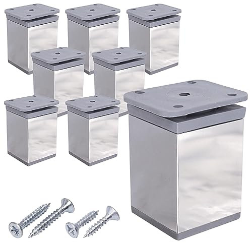 SKIR'CO Lot de 8 pieds de meuble en chrome brillant réglables en hauteur 60 mm Pieds carrés en aluminium 40 x 40 mm Vis incluses