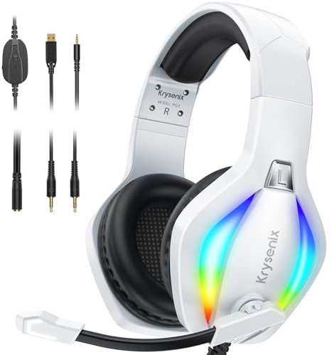 Krysenix PG1 Cuffie Gaming per PS4, PC, Xbox, Nintendo Switch, Cuffie con microfono, Cuffie da gioco con Luce RGB, Cuffie con Cancellazione del Rumore, con jack da 3,5 mm, Bianco