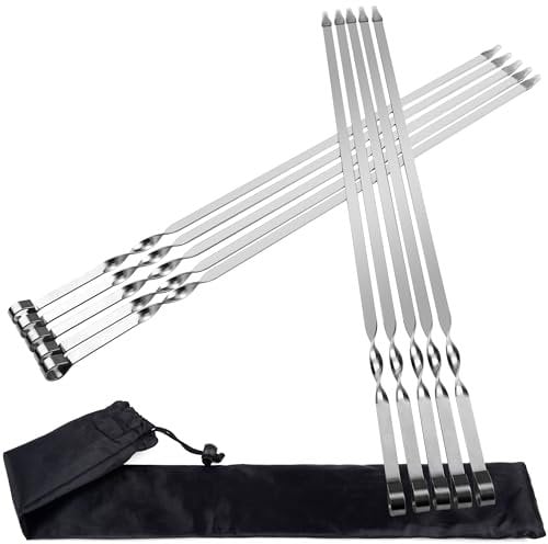 KEYIDO Brochetas de acero inoxidable de 55 cm, paquete de 10 pinchos de barbacoa de metal plano extralargos, pinchos reutilizables con bolsa de almacenamiento portátil (21.7 pulgadas)